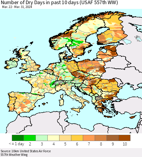 Europe Number of Dry Days in past 10 days (USAF 557th WW) Thematic Map For 3/26/2024 - 3/31/2024