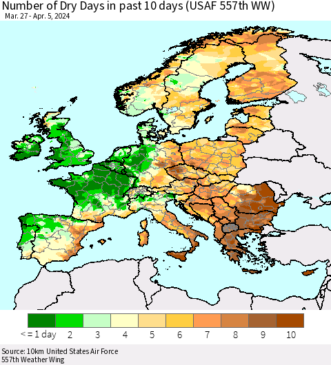 Europe Number of Dry Days in past 10 days (USAF 557th WW) Thematic Map For 4/1/2024 - 4/5/2024