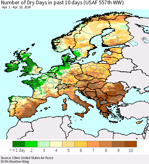 Europe Number of Dry Days in past 10 days (USAF 557th WW) Thematic Map For 4/6/2024 - 4/10/2024