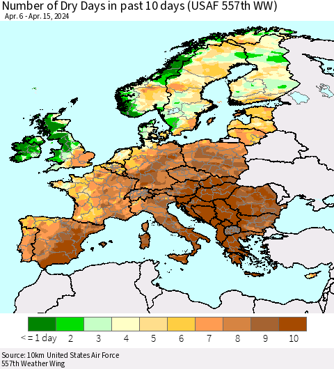 Europe Number of Dry Days in past 10 days (USAF 557th WW) Thematic Map For 4/11/2024 - 4/15/2024