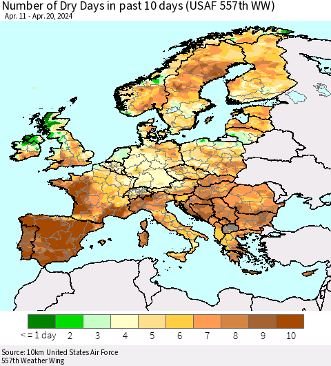 Europe Number of Dry Days in past 10 days (USAF 557th WW) Thematic Map For 4/16/2024 - 4/20/2024