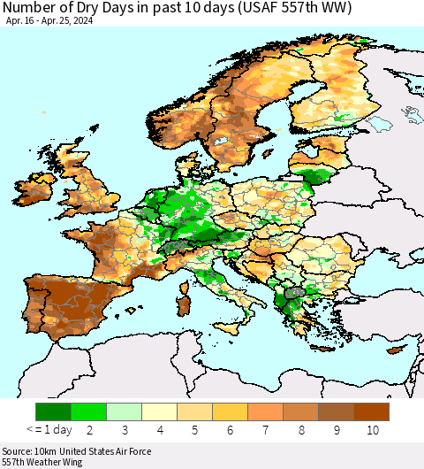 Europe Number of Dry Days in past 10 days (USAF 557th WW) Thematic Map For 4/21/2024 - 4/25/2024