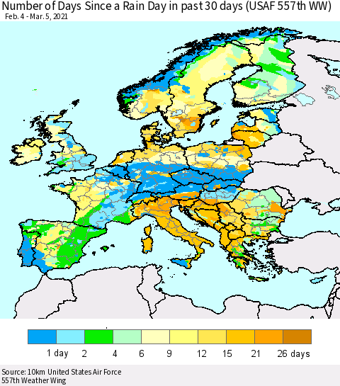 Europe Number of Days Since a Rain Day in past 30 days (USAF 557th WW) Thematic Map For 3/1/2021 - 3/5/2021