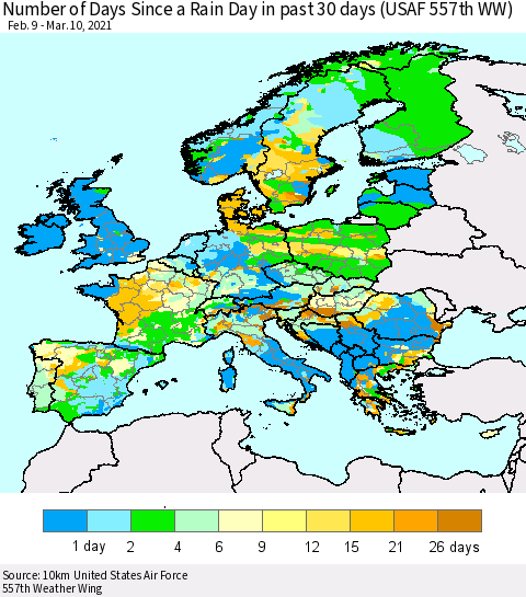 Europe Number of Days Since a Rain Day in past 30 days (USAF 557th WW) Thematic Map For 3/6/2021 - 3/10/2021