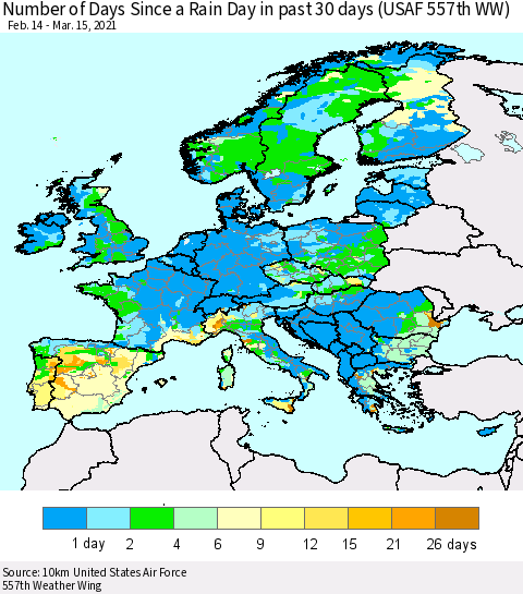 Europe Number of Days Since a Rain Day in past 30 days (USAF 557th WW) Thematic Map For 3/11/2021 - 3/15/2021