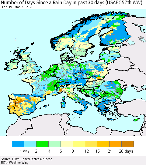 Europe Number of Days Since a Rain Day in past 30 days (USAF 557th WW) Thematic Map For 3/16/2021 - 3/20/2021