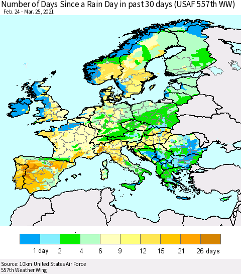 Europe Number of Days Since a Rain Day in past 30 days (USAF 557th WW) Thematic Map For 3/21/2021 - 3/25/2021