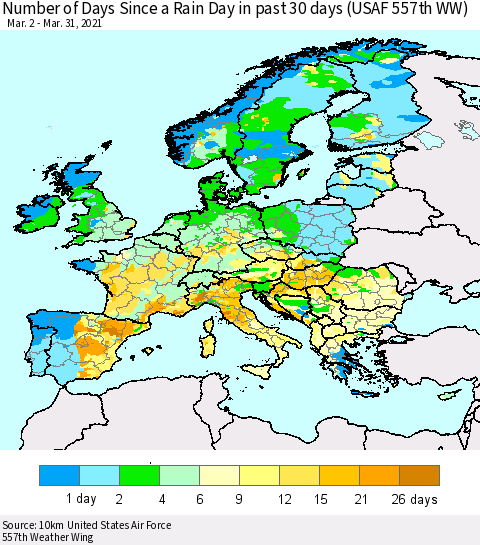Europe Number of Days Since a Rain Day in past 30 days (USAF 557th WW) Thematic Map For 3/26/2021 - 3/31/2021