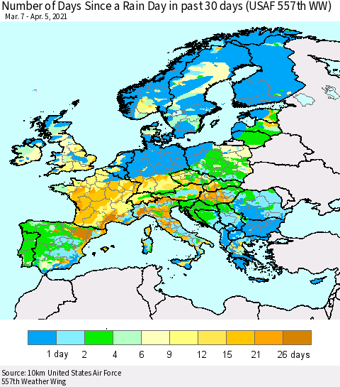 Europe Number of Days Since a Rain Day in past 30 days (USAF 557th WW) Thematic Map For 4/1/2021 - 4/5/2021
