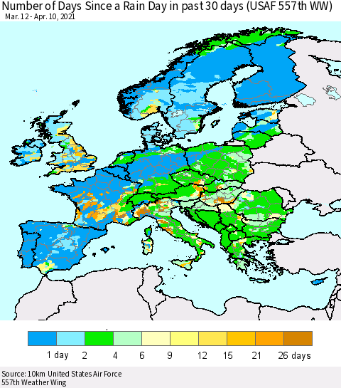Europe Number of Days Since a Rain Day in past 30 days (USAF 557th WW) Thematic Map For 4/6/2021 - 4/10/2021