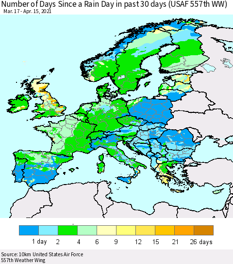 Europe Number of Days Since a Rain Day in past 30 days (USAF 557th WW) Thematic Map For 4/11/2021 - 4/15/2021