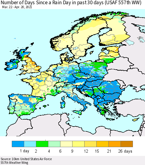 Europe Number of Days Since a Rain Day in past 30 days (USAF 557th WW) Thematic Map For 4/16/2021 - 4/20/2021