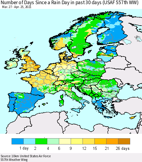 Europe Number of Days Since a Rain Day in past 30 days (USAF 557th WW) Thematic Map For 4/21/2021 - 4/25/2021