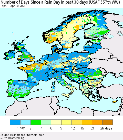 Europe Number of Days Since a Rain Day in past 30 days (USAF 557th WW) Thematic Map For 4/26/2021 - 4/30/2021