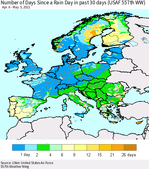 Europe Number of Days Since a Rain Day in past 30 days (USAF 557th WW) Thematic Map For 5/1/2021 - 5/5/2021