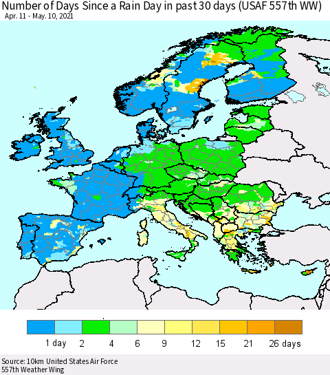 Europe Number of Days Since a Rain Day in past 30 days (USAF 557th WW) Thematic Map For 5/6/2021 - 5/10/2021