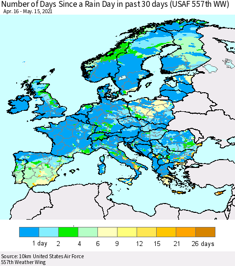 Europe Number of Days Since a Rain Day in past 30 days (USAF 557th WW) Thematic Map For 5/11/2021 - 5/15/2021