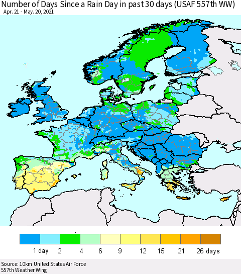 Europe Number of Days Since a Rain Day in past 30 days (USAF 557th WW) Thematic Map For 5/16/2021 - 5/20/2021