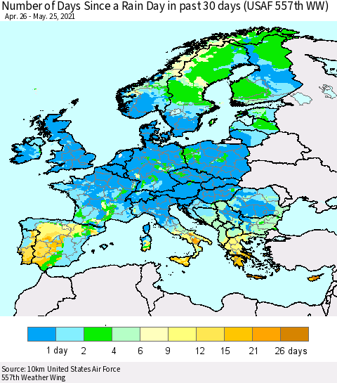 Europe Number of Days Since a Rain Day in past 30 days (USAF 557th WW) Thematic Map For 5/21/2021 - 5/25/2021