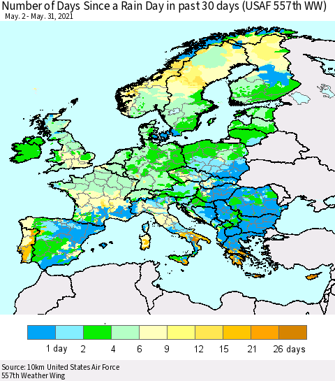 Europe Number of Days Since a Rain Day in past 30 days (USAF 557th WW) Thematic Map For 5/26/2021 - 5/31/2021