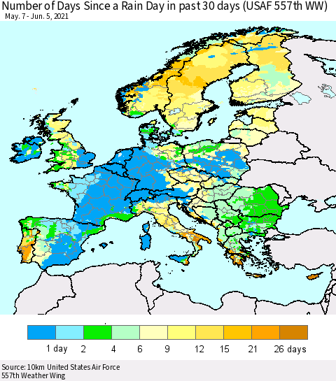 Europe Number of Days Since a Rain Day in past 30 days (USAF 557th WW) Thematic Map For 6/1/2021 - 6/5/2021