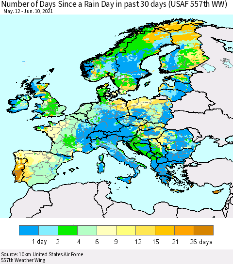 Europe Number of Days Since a Rain Day in past 30 days (USAF 557th WW) Thematic Map For 6/6/2021 - 6/10/2021