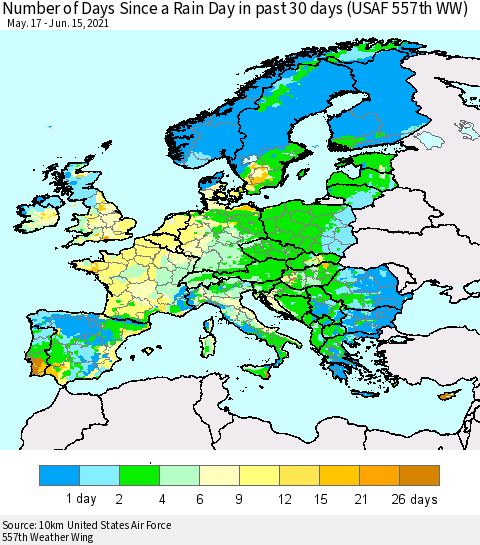 Europe Number of Days Since a Rain Day in past 30 days (USAF 557th WW) Thematic Map For 6/11/2021 - 6/15/2021