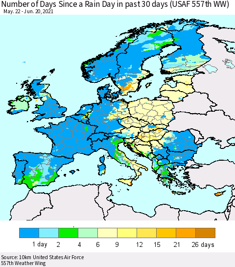 Europe Number of Days Since a Rain Day in past 30 days (USAF 557th WW) Thematic Map For 6/16/2021 - 6/20/2021