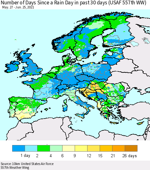 Europe Number of Days Since a Rain Day in past 30 days (USAF 557th WW) Thematic Map For 6/21/2021 - 6/25/2021