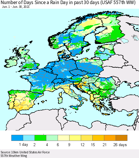 Europe Number of Days Since a Rain Day in past 30 days (USAF 557th WW) Thematic Map For 6/26/2021 - 6/30/2021