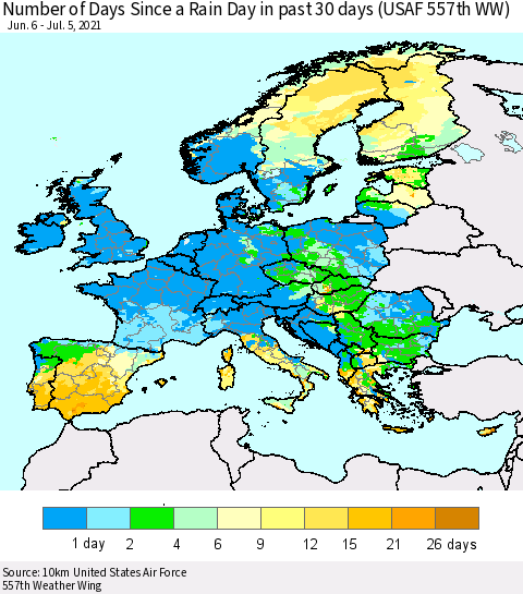 Europe Number of Days Since a Rain Day in past 30 days (USAF 557th WW) Thematic Map For 7/1/2021 - 7/5/2021