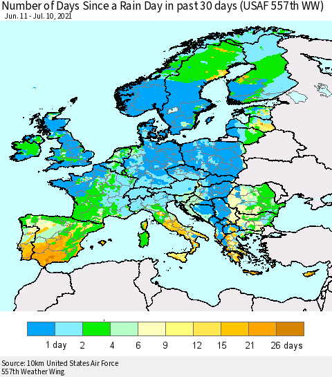 Europe Number of Days Since a Rain Day in past 30 days (USAF 557th WW) Thematic Map For 7/6/2021 - 7/10/2021