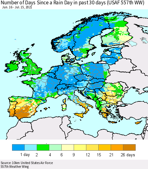 Europe Number of Days Since a Rain Day in past 30 days (USAF 557th WW) Thematic Map For 7/11/2021 - 7/15/2021