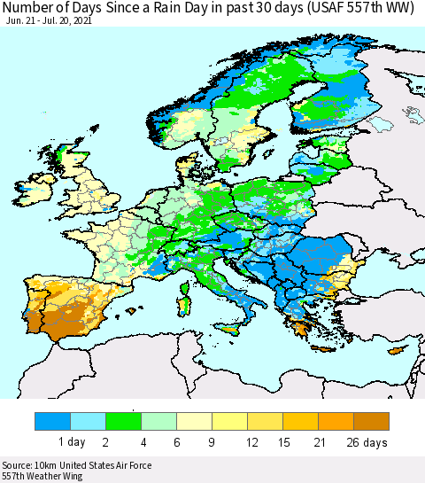Europe Number of Days Since a Rain Day in past 30 days (USAF 557th WW) Thematic Map For 7/16/2021 - 7/20/2021