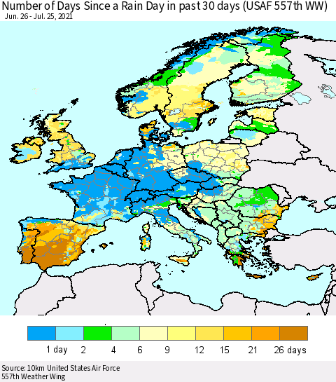 Europe Number of Days Since a Rain Day in past 30 days (USAF 557th WW) Thematic Map For 7/21/2021 - 7/25/2021