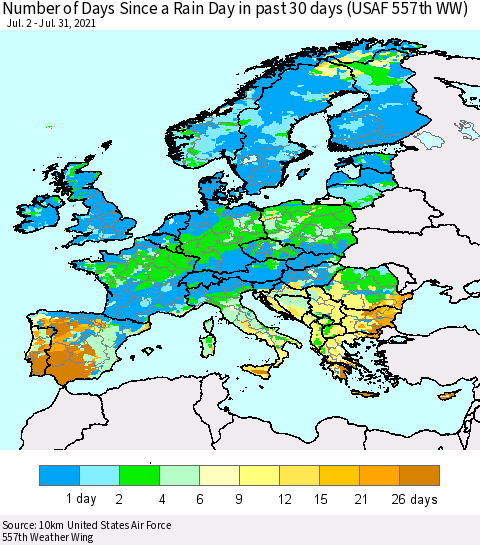 Europe Number of Days Since a Rain Day in past 30 days (USAF 557th WW) Thematic Map For 7/26/2021 - 7/31/2021