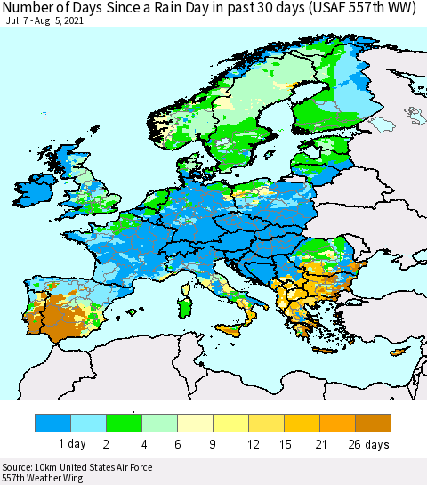 Europe Number of Days Since a Rain Day in past 30 days (USAF 557th WW) Thematic Map For 8/1/2021 - 8/5/2021
