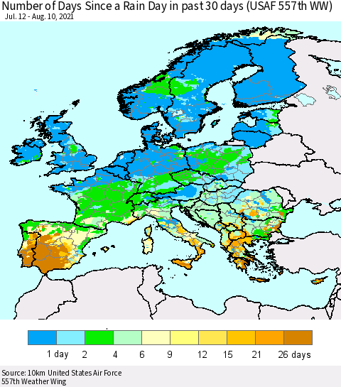 Europe Number of Days Since a Rain Day in past 30 days (USAF 557th WW) Thematic Map For 8/6/2021 - 8/10/2021
