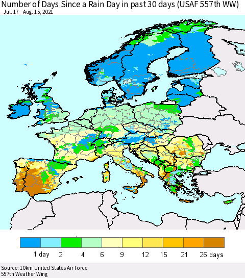Europe Number of Days Since a Rain Day in past 30 days (USAF 557th WW) Thematic Map For 8/11/2021 - 8/15/2021