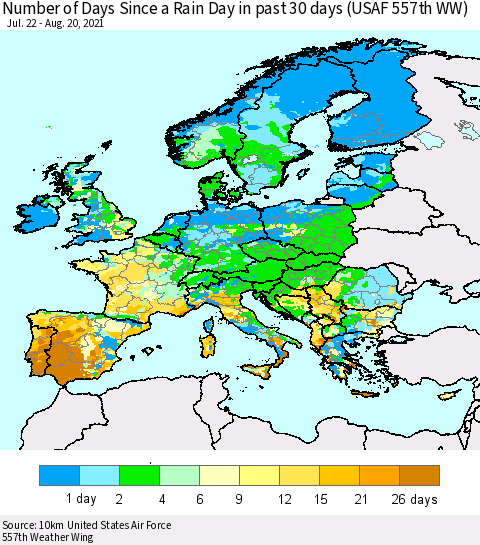 Europe Number of Days Since a Rain Day in past 30 days (USAF 557th WW) Thematic Map For 8/16/2021 - 8/20/2021