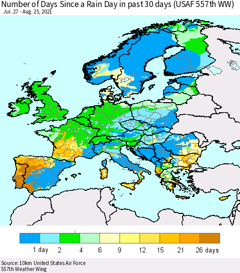 Europe Number of Days Since a Rain Day in past 30 days (USAF 557th WW) Thematic Map For 8/21/2021 - 8/25/2021