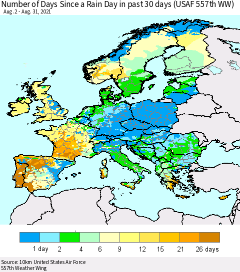 Europe Number of Days Since a Rain Day in past 30 days (USAF 557th WW) Thematic Map For 8/26/2021 - 8/31/2021