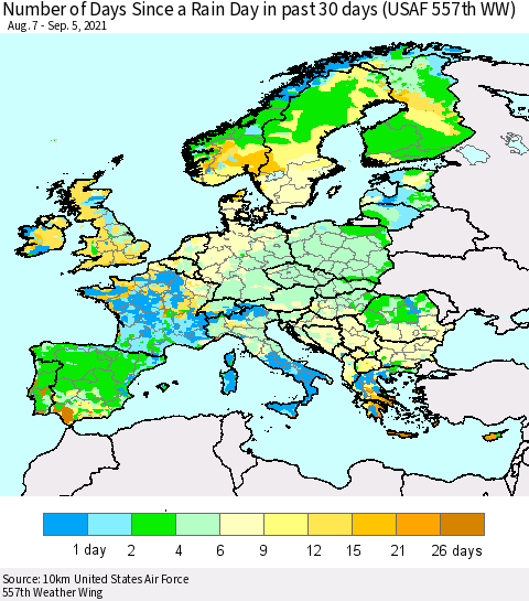 Europe Number of Days Since a Rain Day in past 30 days (USAF 557th WW) Thematic Map For 9/1/2021 - 9/5/2021