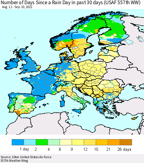 Europe Number of Days Since a Rain Day in past 30 days (USAF 557th WW) Thematic Map For 9/6/2021 - 9/10/2021