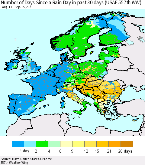 Europe Number of Days Since a Rain Day in past 30 days (USAF 557th WW) Thematic Map For 9/11/2021 - 9/15/2021