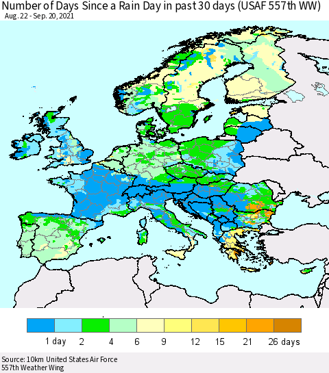 Europe Number of Days Since a Rain Day in past 30 days (USAF 557th WW) Thematic Map For 9/16/2021 - 9/20/2021