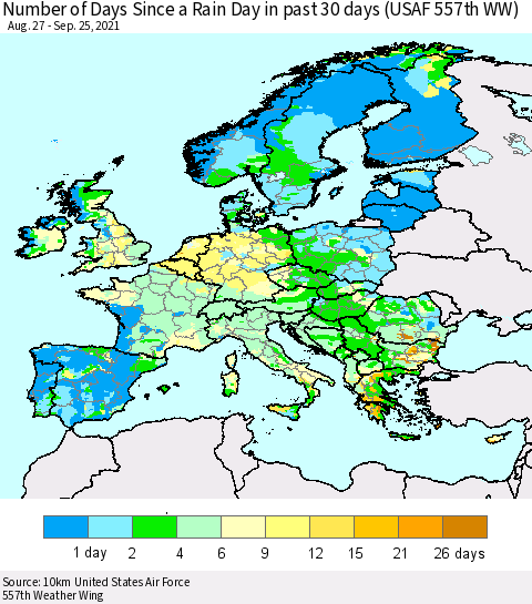 Europe Number of Days Since a Rain Day in past 30 days (USAF 557th WW) Thematic Map For 9/21/2021 - 9/25/2021