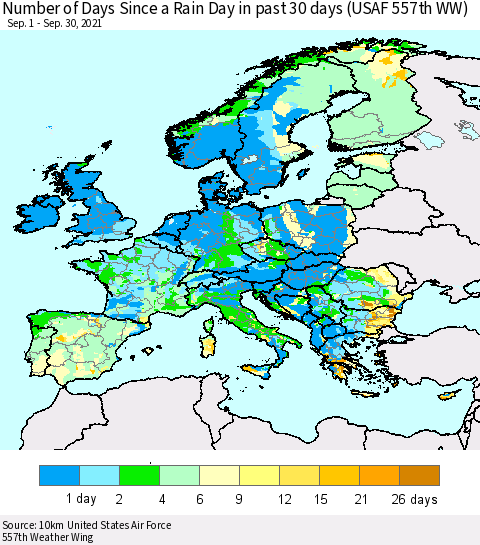 Europe Number of Days Since a Rain Day in past 30 days (USAF 557th WW) Thematic Map For 9/26/2021 - 9/30/2021