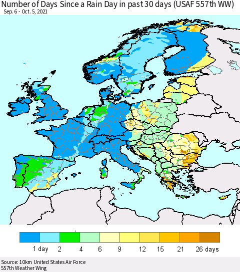 Europe Number of Days Since a Rain Day in past 30 days (USAF 557th WW) Thematic Map For 10/1/2021 - 10/5/2021