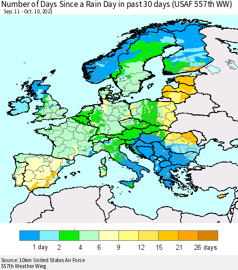 Europe Number of Days Since a Rain Day in past 30 days (USAF 557th WW) Thematic Map For 10/6/2021 - 10/10/2021